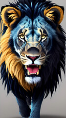 Leone in primo piano con colori azzurro e dorato. Creato con AI.