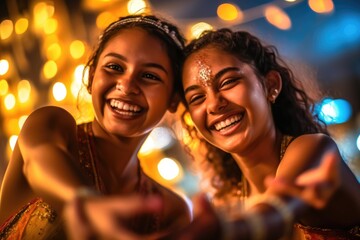 Obraz na płótnie Canvas A close - up shot of two teenage girls joyfully dancing in front of a tripod - mounted phone camera. Generative AI
