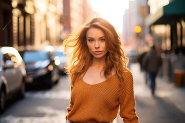 Fototapeta premium A portrait of a young woman in a trendy urban setting. Generative AI