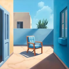 A chair in outside house, open air, Minimalist illustration, good vibes, illustration,  Generative Ai