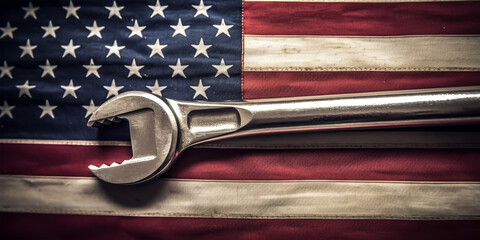 American flag and wrench on wooden background. Labor day concept, Generative Ai - obrazy, fototapety, plakaty