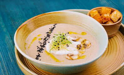 Mushroom cream soup with ingredients top view