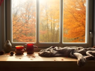 An inviting window sill adorned with the warm colors of autumn. The window overlooks a picturesque scene of falling leaves and a serene natural landscape. created generative ai