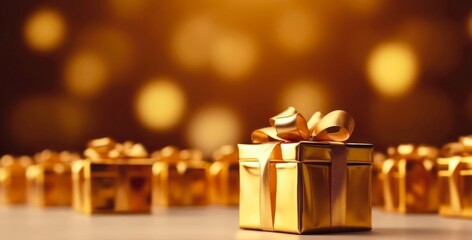 Golden gift boxes on blurred golden background with copy space. Generative AI.