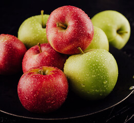Closeup of apples with water drops on plate