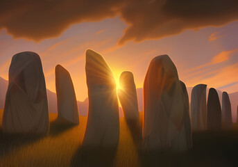 painting of the sun rising in a cloudy sky over an ancient stone circle during the spring equinox with grass on the ground, a peaceful spring scene, the morning sun casting a warm glow - obrazy, fototapety, plakaty