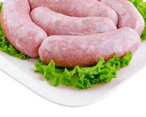 Fresh raw pork bratwurst isolated on a white background