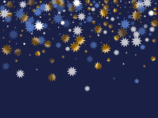 Elegant Christmas star holiday scatter illustration. Gold blue white sparkle confetti. Banner