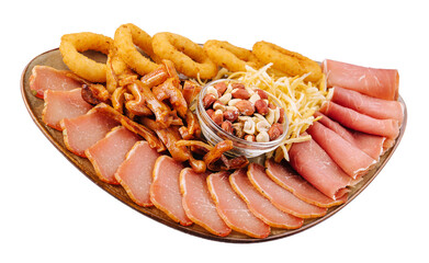 Dried beef, fried pig ears, onion rings, calamari, nuts, on a plate