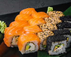 Sushi set assorted on black plate