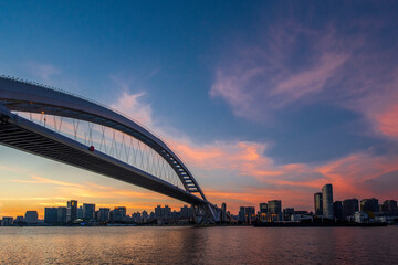 city harbour bridge at sunset