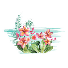 Tropical flowers and palm leaves bouquet, Summer watercolor poster.