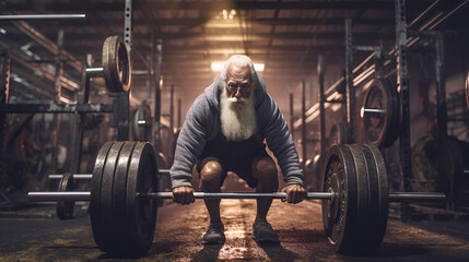 Naklejka na ściany i meble granpa, old man doing extreme exercise in gym, lifting heavy weights, intense face, ripped body, age is just a number, body building motivation, healthy, ai generative