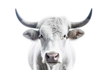 White bull portrait. Adult silver white bull with large horns on white background. Generative Ai.