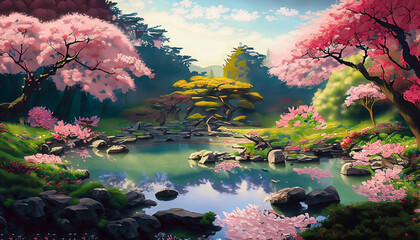 Very detailed painting of a beautiful traditional Japanese garden surrounded with beautiful. Generative AI