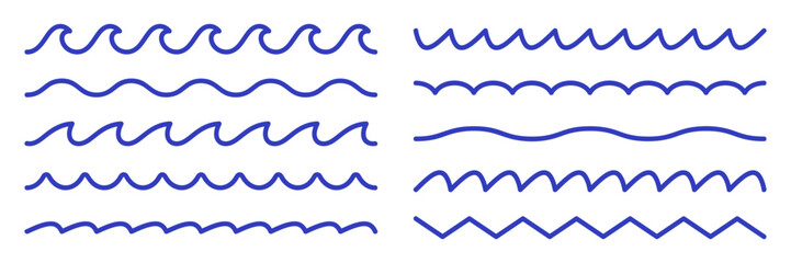 Set of line water waves icon. Sea waves vector illustration flat simple lines. Water logo, line ocean symbol in vector flat style. Ocean, sea waves symbols set. Wave line and wavy zigzag lines.