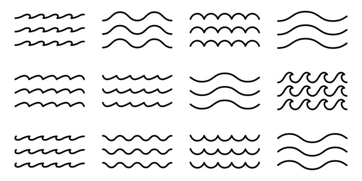 Set of line water waves icon. Sea waves vector illustration flat simple lines. Water logo, line ocean symbol in vector flat style. Ocean, sea waves symbols set. Wave line and wavy zigzag lines. - Powered by Adobe