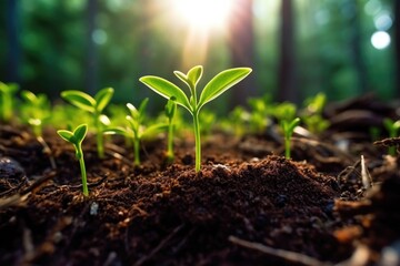 Young plants germinates in fresh soil. Generative AI