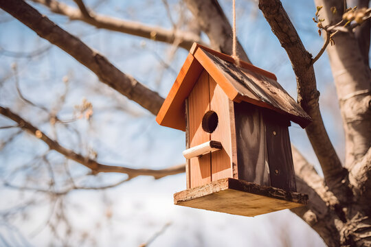 Empty wooden birdhouse hanging from a tree branch, generative AI