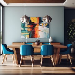 Interior design of modern dining room, wooden table and blue chairs. Generative AI