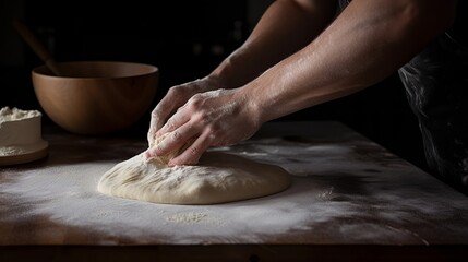 Fototapeta premium Rustic chef making pizza dough on dark background. Food preparation. Generative Ai