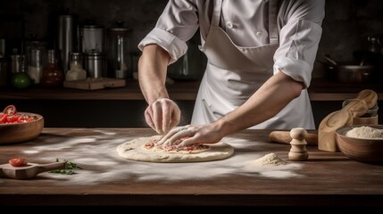 Fototapeta na wymiar Rustic chef making pizza dough on dark background. Food preparation. Generative Ai