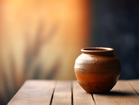 Handmade clay pot resting on a rustic wooden table, generative AI