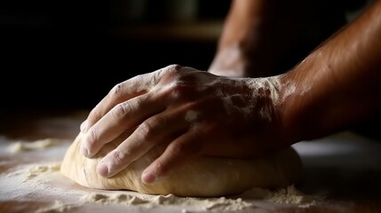 Rustic chef making pizza dough on dark background. Food preparation. Generative Ai