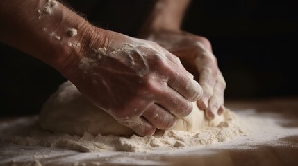 Obraz na płótnie Canvas Rustic chef making pizza dough on dark background. Food preparation. Generative Ai