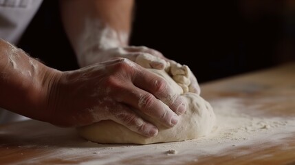 Fototapeta premium Rustic chef making pizza dough on dark background. Food preparation. Generative Ai