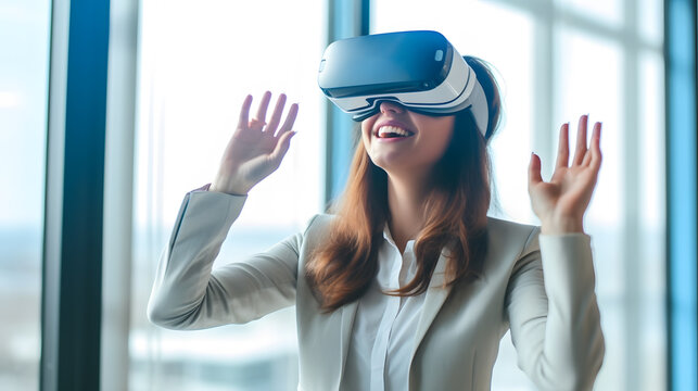 Beautiful woman with virtual reality headset. Smiling broadly with joy.