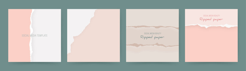 Minimal social media post templates in pastel pink with torn paper texture. Modern layouts for beauty, cosmetics, fashion content.	