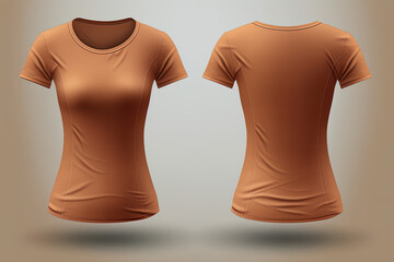 Brown female t-shirt realistic mockup set from front and back view, blank textile print design template for fashion apparel. Created with Generative AI Technology