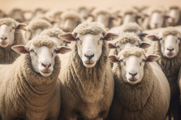 Obraz premium Flock of sheep staring in the same direction. Generative AI.
