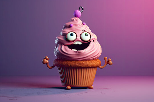 Cute cupcake cartoon character. Generative AI.
