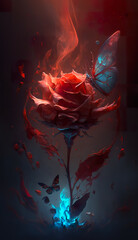 Flaming red rose in magic composition. Burning rose with butterflies on black background. Realistic 3D illustration. Generative AI