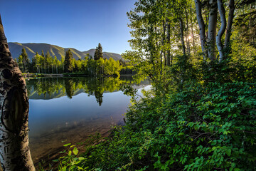 Payson Lakes at sunrise with Aspen Trees