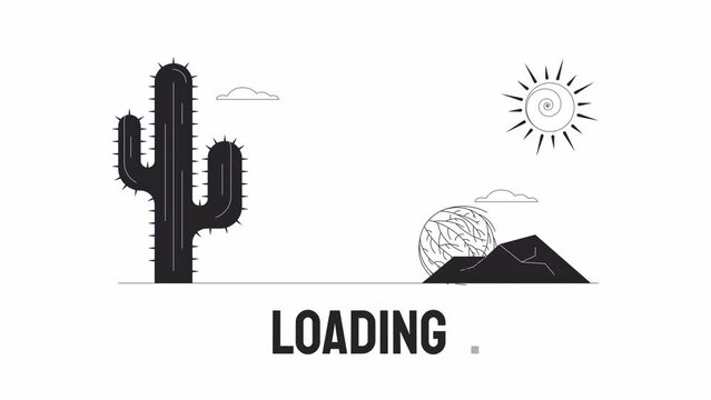 Desert wasteland bw loader animation. Tumbleweed on road. Cactus. Flash message 4K video footage. Isolated outline monochrome loading animation with alpha channel transparency for UI, UX web design