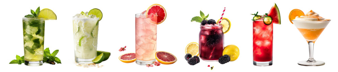 Collection of colorful cocktail drinks isolated on a white background  - obrazy, fototapety, plakaty