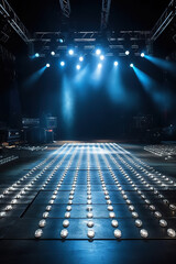 Illustration of a free stage with lights, lighting devices. Scene, stage light with colored spotlights. Bright stage lights and lasers. Realistic 3D illustration. Generative AI