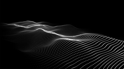 Wave of moving dots on an abstract dark background. 3D Vector illustration.