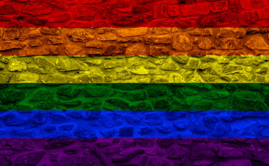 Flag of the LGBT community on the background of a stone wall. Rainbow symbol of gay culture. Concept collage. Illustration symbol of pride.