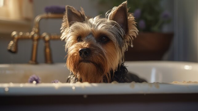yorkshire terrier in a glass HD 8K wallpaper Stock Photographic Image