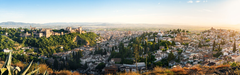 Fototapeta na wymiar Panoramic aerial view of Granada Hills with Alhambra at sunset - Granada, Andalusia, Spain