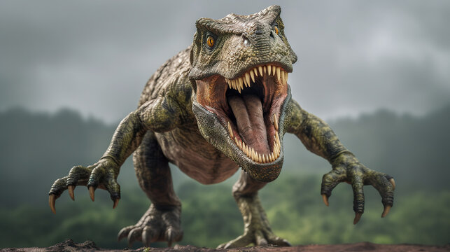 Furious dinosaur tyrannosaurus rex portrait with intense eyes and big teeth. Dinosaur tyrannosaurus rex running with grunge effect abstract t-rex portrait. Award-winning wildlife image. Generative AI