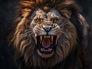 Furious lion portrait with intense eyes and big teeth. Lion head with grunge effect abstract lion portrait. Award-winning wildlife image. Realistic 3D illustration. Generative AI