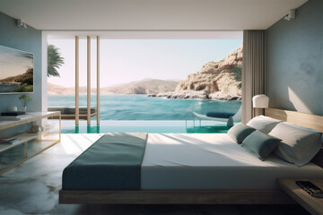 Natural and simple seaside hotel bedroom interior, sea water is introduced into the room to form a natural combination