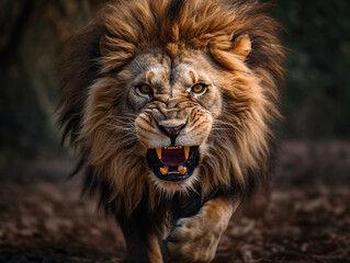 Fototapeta premium Furious lion portrait with intense eyes and big teeth. Lion head with grunge effect abstract lion portrait. Award-winning wildlife image. Realistic 3D illustration. Generative AI