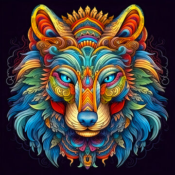 Beautiful wolf face ethnic tribal design. Swirling patterns in bright colours. Wild, dog or wolf totem.