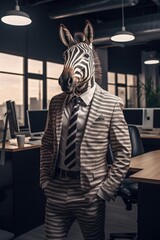 Fototapeta na wymiar Fashion photography of a anthropomorphic Zebra dressed as businessman clothes in office